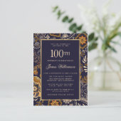 Elegant Blue and Gold Pattern 100e verjaardag Uitnodiging Briefkaart (Staand voorkant)