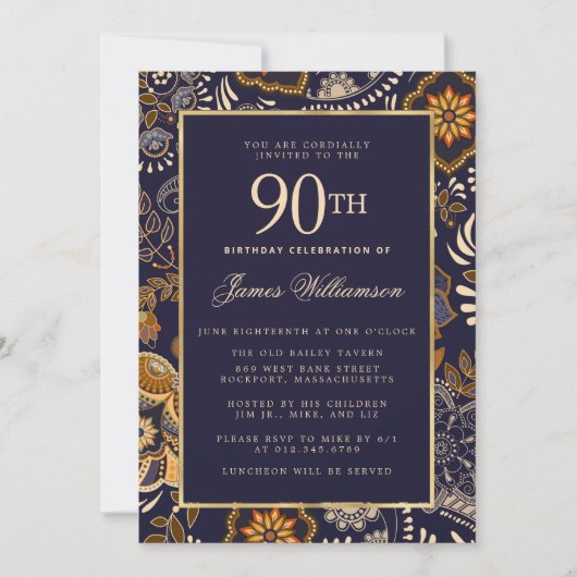 Elegant Blue and Gold Pattern 90th Birthday Kaart (Voorkant)