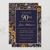 Elegant Blue and Gold Pattern 90th Birthday Kaart (Voorkant / Achterkant)