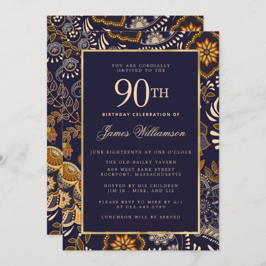 Elegant Blue and Gold Pattern 90th Birthday Kaart (Voorkant / Achterkant)