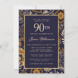 Elegant Blue and Gold Pattern 90th Birthday Kaart<br><div class="desc">Het elegante en traditionele abstracte patroon van de marine blauw, goud en wit biedt de achtergrond op de voor- en achterkant van deze negentigste verjaardagsuitnodiging. De tekst wordt geplaatst op een blauw marineschuine rechthoek die in geel goud is gescheurd om het gemakkelijk te lezen. Alle tekst kan worden bewerkt. Het...</div>