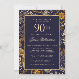 Elegant Blue and Gold Pattern 90th Birthday Kaart
