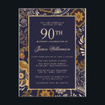 Elegant Blue and Gold Pattern 90th Birthday Uitnodiging Briefkaart<br><div class="desc">Het elegante en traditionele abstracte patroon van de marine blauw, goud en wit biedt de achtergrond op de voor- en achterkant van deze negentigste verjaardagsuitnodiging. De tekst wordt geplaatst op een blauw marineschuine rechthoek die in geel goud is gescheurd om het gemakkelijk te lezen. Alle tekst kan worden bewerkt. Het...</div>