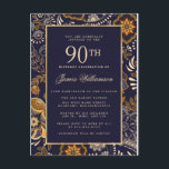 Elegant Blue and Gold Pattern 90th Birthday Uitnodiging Briefkaart<br><div class="desc">Het elegante en traditionele abstracte patroon van de marine blauw, goud en wit biedt de achtergrond op de voor- en achterkant van deze negentigste verjaardagsuitnodiging. De tekst wordt geplaatst op een blauw marineschuine rechthoek die in geel goud is gescheurd om het gemakkelijk te lezen. Alle tekst kan worden bewerkt. Het...</div>