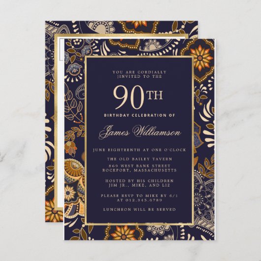 Elegant Blue and Gold Pattern 90th Birthday Uitnodiging Briefkaart (Voorkant / Achterkant)