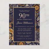 Elegant Blue and Gold Pattern 90th Birthday Uitnodiging Briefkaart (Voorkant)