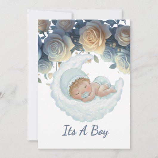 Elegant blue and gold roses baby boy shower kaart (Voorkant)