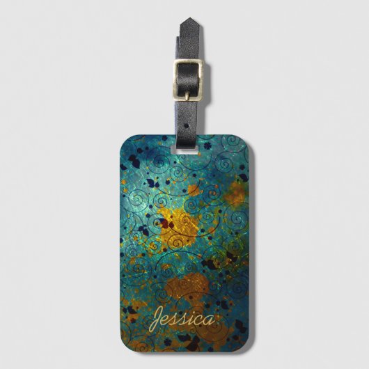 Elegant Blue and Gold Vine Abstract Personalised Bagagelabel (Voorkant (verticaal))