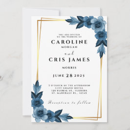 Elegant Blue and Gold Wedding Invitation Kaart