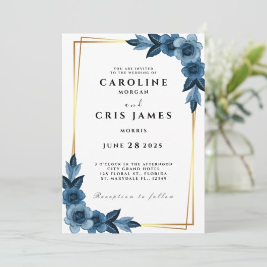 Elegant Blue and Gold Wedding Invitation Kaart (Staand voorkant)
