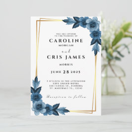 Elegant Blue and Gold Wedding Invitation Kaart