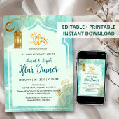 Elegant Blue and Gold with marble texture Iftar Kaart