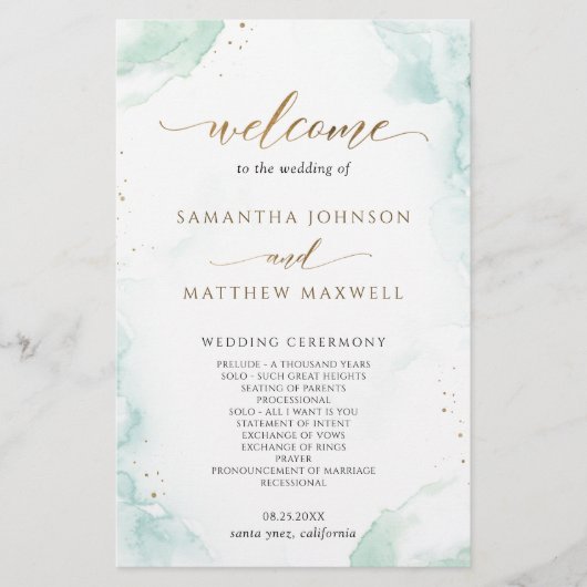Elegant Blue and Green Waterverf Wedding Programme (Voorkant)
