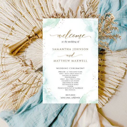 Elegant Blue and Green Waterverf Wedding Programme