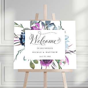 Elegant Blue and Paars Wedding Welcome Sign Poster