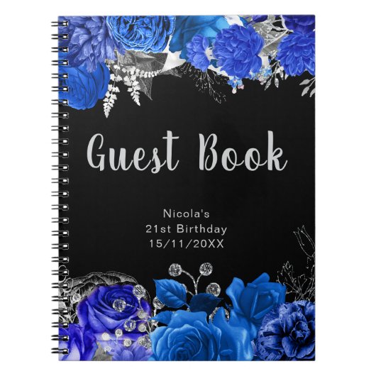 Elegant Blue and Silver Flower Birthday Guest Book Notitieboek (Voorkant)