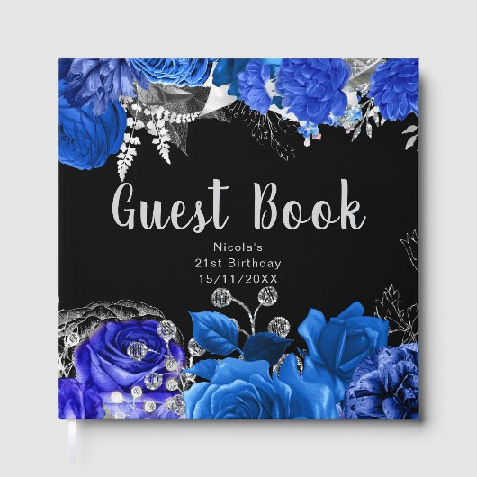 Elegant Blue and Silver Flowers Birthday Party Gastenboek (Voorkant)