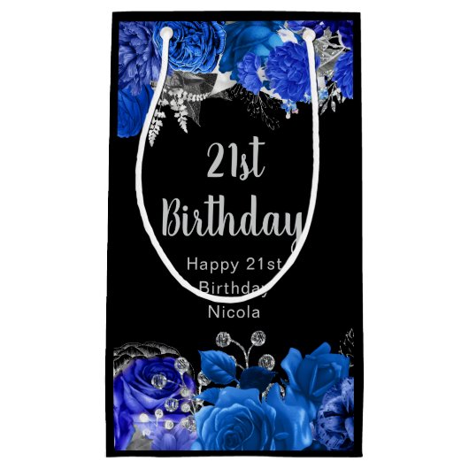 Elegant Blue and Silver Flowers Birthday Party Klein Cadeauzakje (Voorkant)
