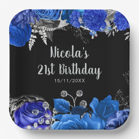 Elegant Blue and Silver Flowers Birthday Party Papieren Bordje (Voorkant)
