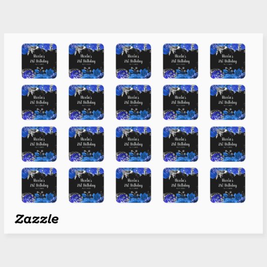 Elegant Blue and Silver Flowers Birthday Party Vierkante Sticker (Vel)