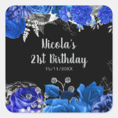Elegant Blue and Silver Flowers Birthday Party Vierkante Sticker (Voorkant)