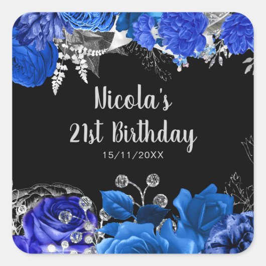 Elegant Blue and Silver Flowers Birthday Party Vierkante Sticker (Voorkant)