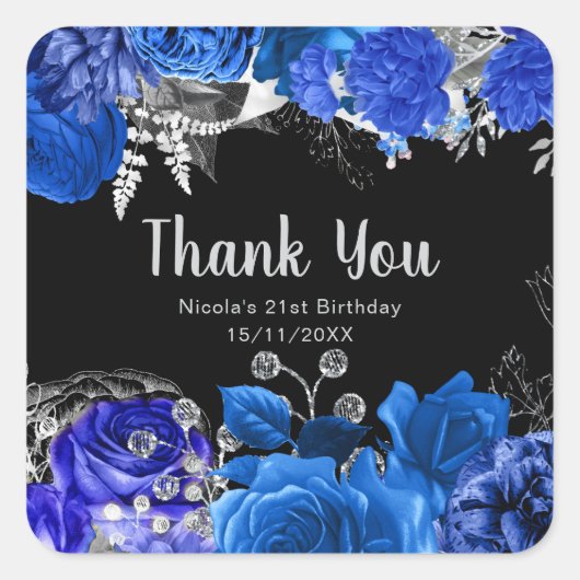 Elegant Blue and Silver Flowers Birthday Party Vierkante Sticker (Voorkant)