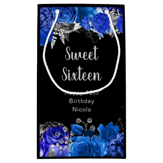 Elegant Blue and Silver Flowers Sweet Sixteen Klein Cadeauzakje (Achterkant)