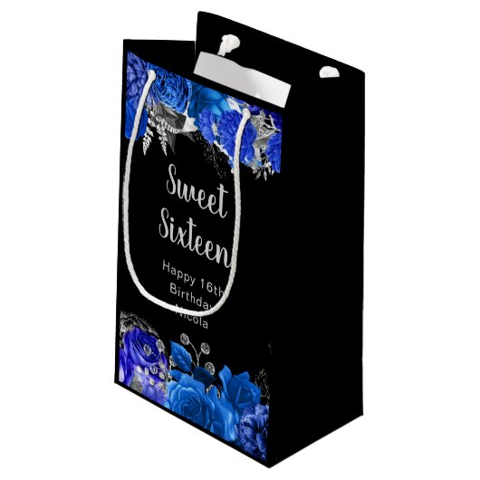 Elegant Blue and Silver Flowers Sweet Sixteen Klein Cadeauzakje (Achterkant Gekanteld)