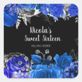 Elegant Blue and Silver Flowers Sweet Sixteen Vierkante Sticker (Voorkant)