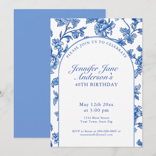 Elegant Blue and White 40th Birthday Party Kaart (Voorkant / Achterkant)
