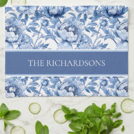 Elegant Blue and White Chinoiserie Floral Pattern Theedoek