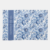 Elegant Blue and White Chinoiserie Floral Pattern Theedoek (Horizontaal)