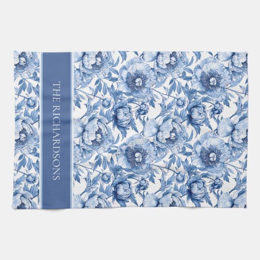 Elegant Blue and White Chinoiserie Floral Pattern Theedoek (Horizontaal)