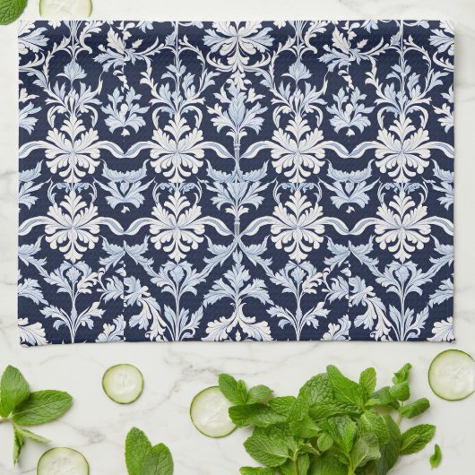 Elegant Blue and White Damask Theedoek (Gevouwen)