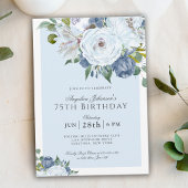 Elegant Blue and White Floral 75th Birthday Party Kaart