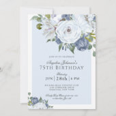 Elegant Blue and White Floral 75th Birthday Party Kaart (Voorkant)