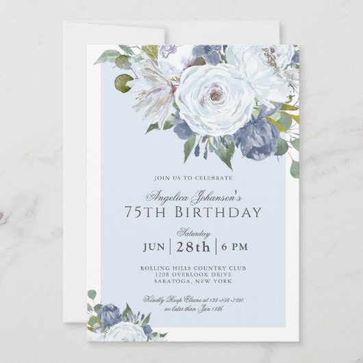 Elegant Blue and White Floral 75th Birthday Party Kaart (Voorkant)