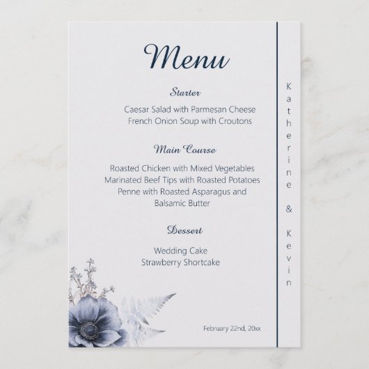 Elegant Blue and White Floral Wedding Menu (Voorkant)