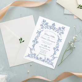 Elegant Blue and White Wedding Invitation Kaart