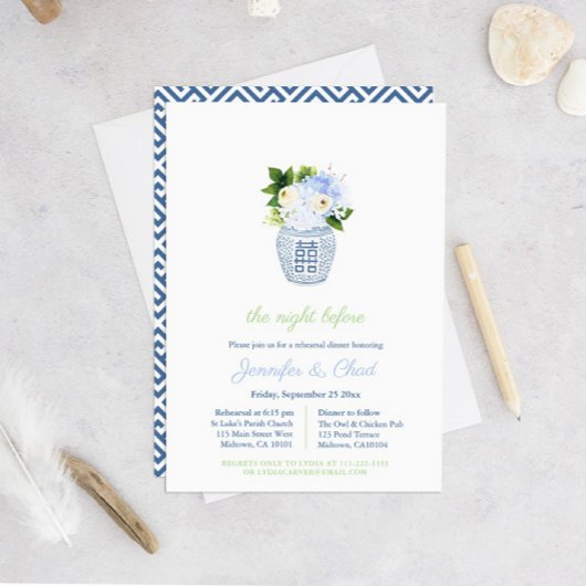 Elegant Blue and White Wedding Rehearsal Dinner Kaart
