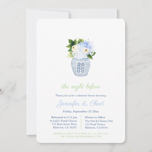 Elegant Blue and White Wedding Rehearsal Dinner Kaart (Voorkant)