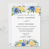 Elegant Blue and Yellow Floral Wedding Kaart (Voorkant)