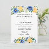 Elegant Blue and Yellow Floral Wedding Kaart (Staand voorkant)