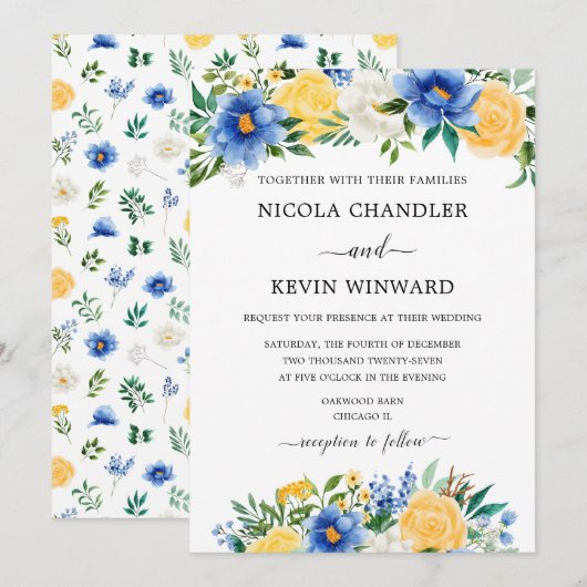 Elegant Blue and Yellow Floral Wedding Kaart (Voorkant / Achterkant)
