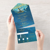 Elegant Blue Aqua Blauwgroen Heart Leaf Tree Weddi All In One Uitnodiging (Uittrekbaar)
