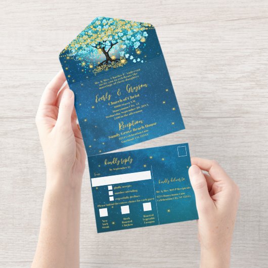 Elegant Blue Aqua Blauwgroen Heart Leaf Tree Weddi All In One Uitnodiging (Uittrekbaar)