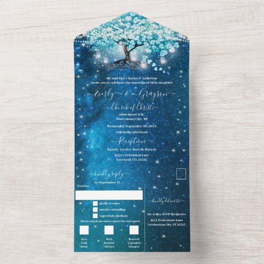 Elegant Blue Aqua Blauwgroen Heart Leaf Tree Weddi All In One Uitnodiging (Binnen)