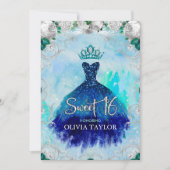 Elegant blue aqua floral glitter zoet 16 inv kaart (Voorkant)