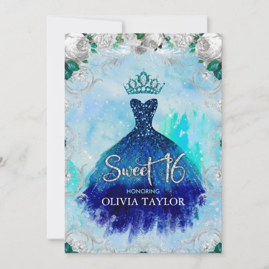 Elegant blue aqua floral glitter zoet 16 inv kaart (Voorkant)